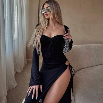 লম্বা আঙ্গুলের প্যাকেজ হিপ পোষাক সেক্সি হটtie Halter কোমর পোষাক কালো টাইট