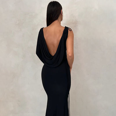 V Neck Slim Evening Dress Solid Color Tie One Shoulder Hollow Black সেক্সি রাতের পোষাক