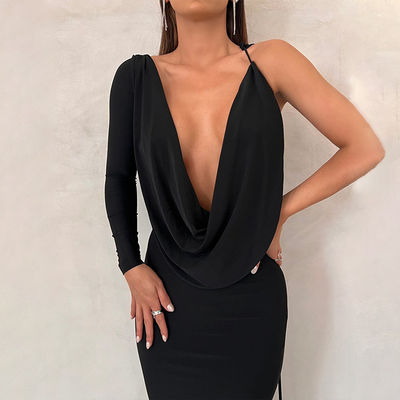 V Neck Slim Evening Dress Solid Color Tie One Shoulder Hollow Black সেক্সি রাতের পোষাক