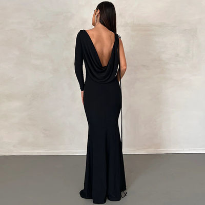 V Neck Slim Evening Dress Solid Color Tie One Shoulder Hollow Black সেক্সি রাতের পোষাক